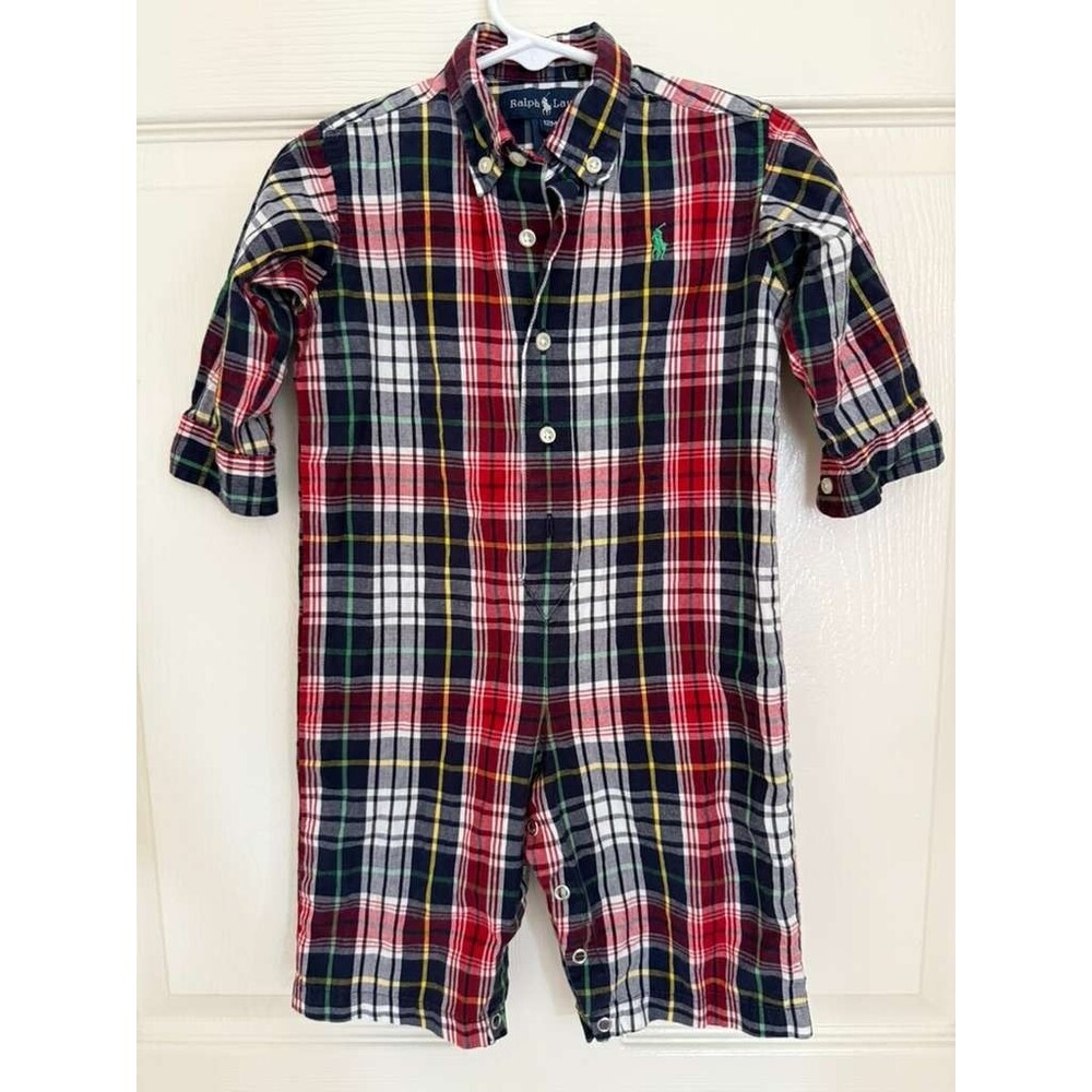 Ralph Lauren Baby Plaid Romper 12M Button Front One Piece Outfit